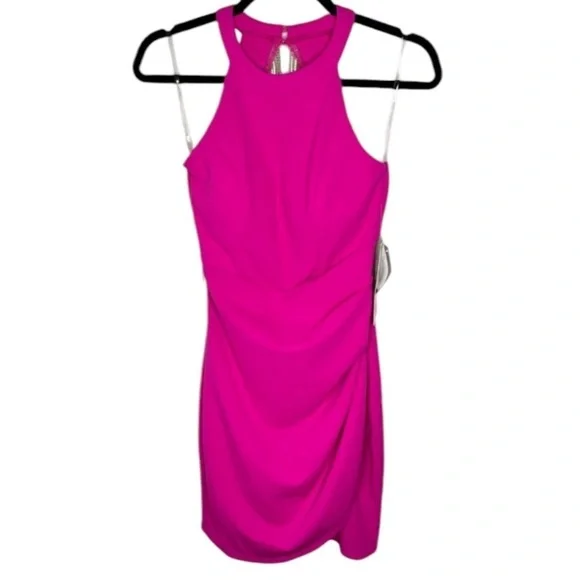 Emerald Sundae Sleeveless HighNeck Rhinestone Fringe Back Dress Neon Pink XS NWT - Picture 3 of 15